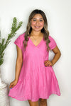 Hot Pink Sheer Texture V-Neck Dress
