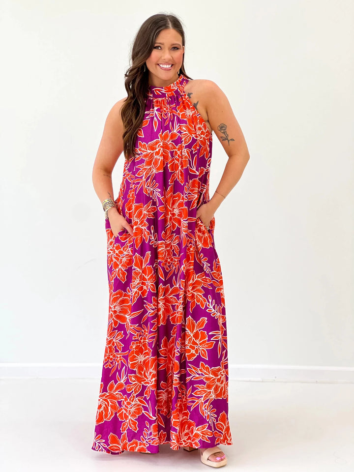Floral print halter neck midi dress in a flowy rayon blend