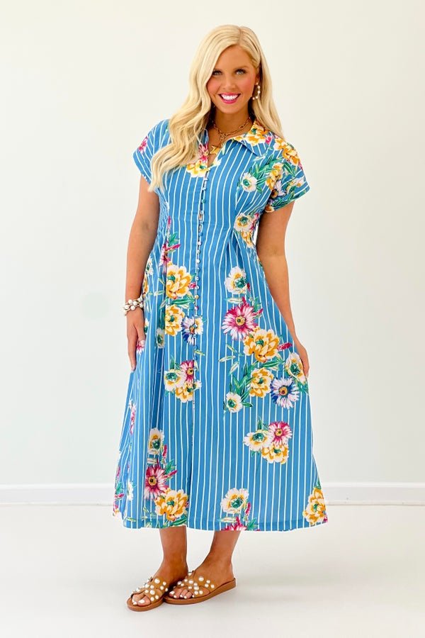 Floral Stripe Short Sleeve Midi Dress