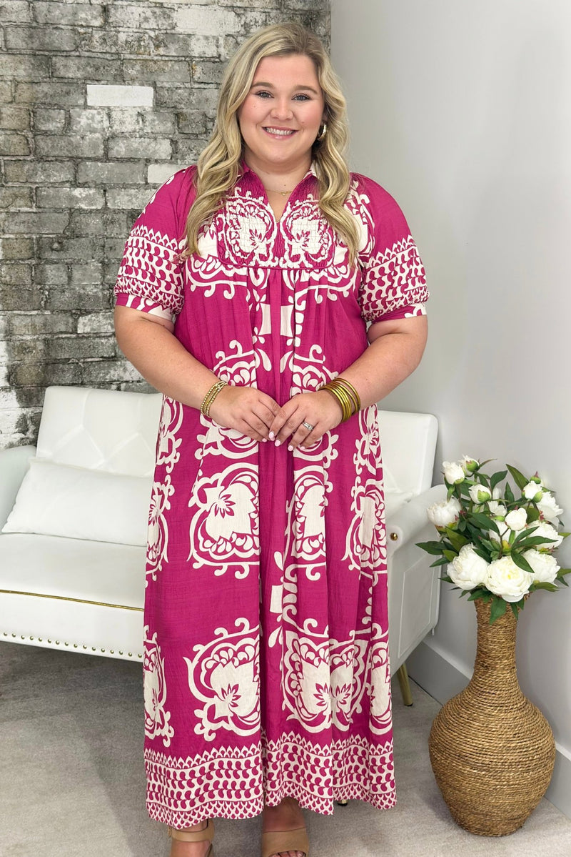 midi dresses for going out Fuchsia Mix Print Puff Sleeve Dress | Affordable Boutique Dress Women Ivory Ring Detail High crystal bridal belt sash Color:Raisin Multi