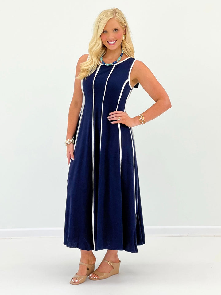 Navy linen sleeveless midi dress with a clean, relaxed silhouette