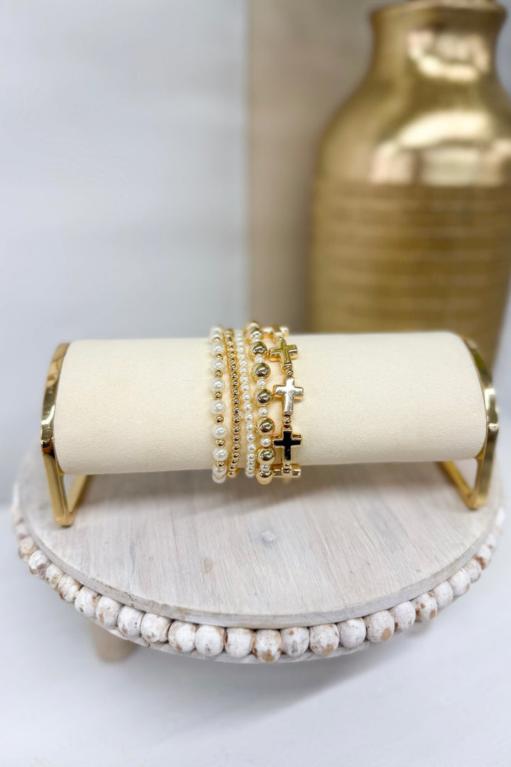 Gold and Cream 5 Row Cross Pearl Bracelet - Lavish Boutique Accessories