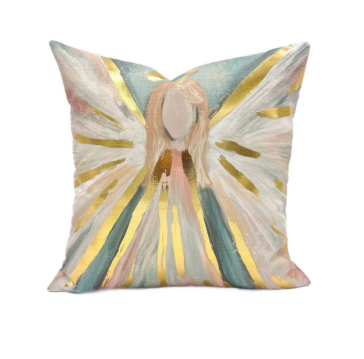 Velvet throw pillow with gold foil Angel of Light artwork
