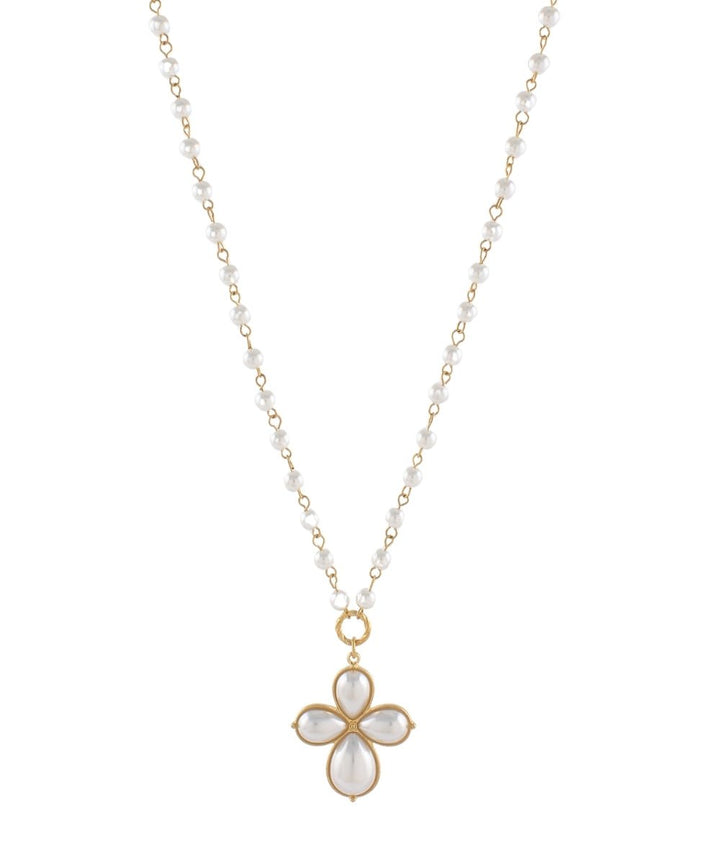 Golden Stella Flower Pearl & Stone Necklace - Lavish Boutique09-JEWELRY
