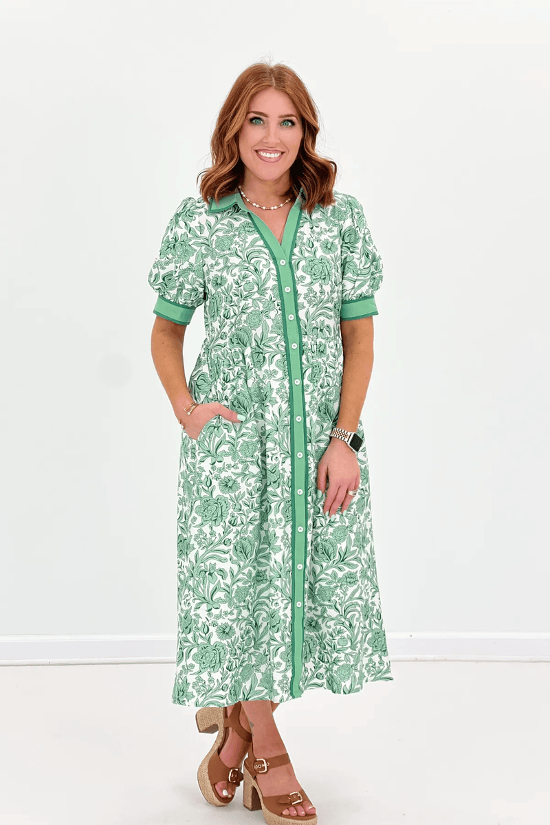 Green Floral Printed Midi Shirt Dress*FINAL SALE*