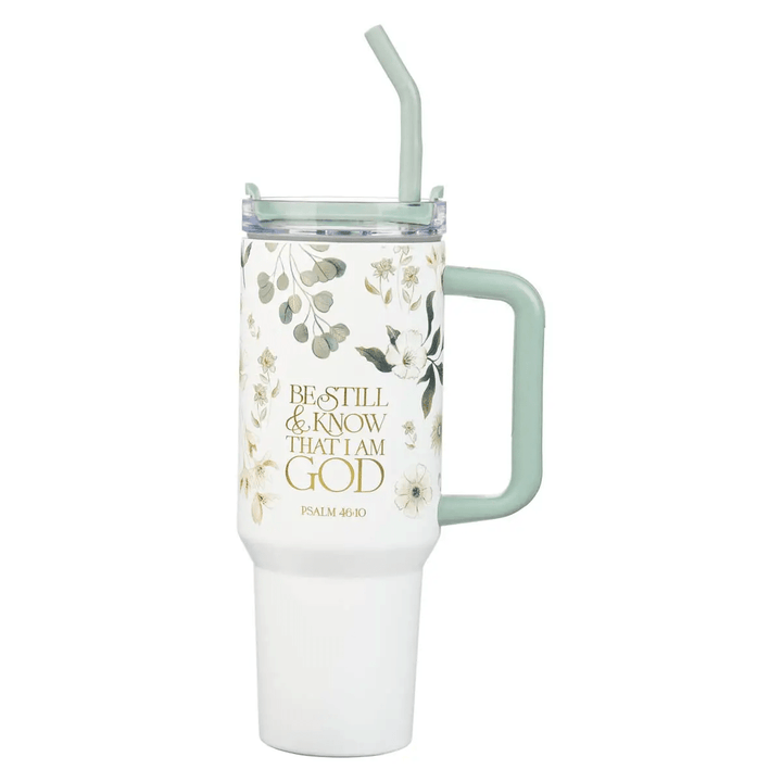 Green tumbler lettered with Psalm 46:10