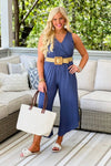 Navy Blue Sleeveless Woven Belted Jumpsuit