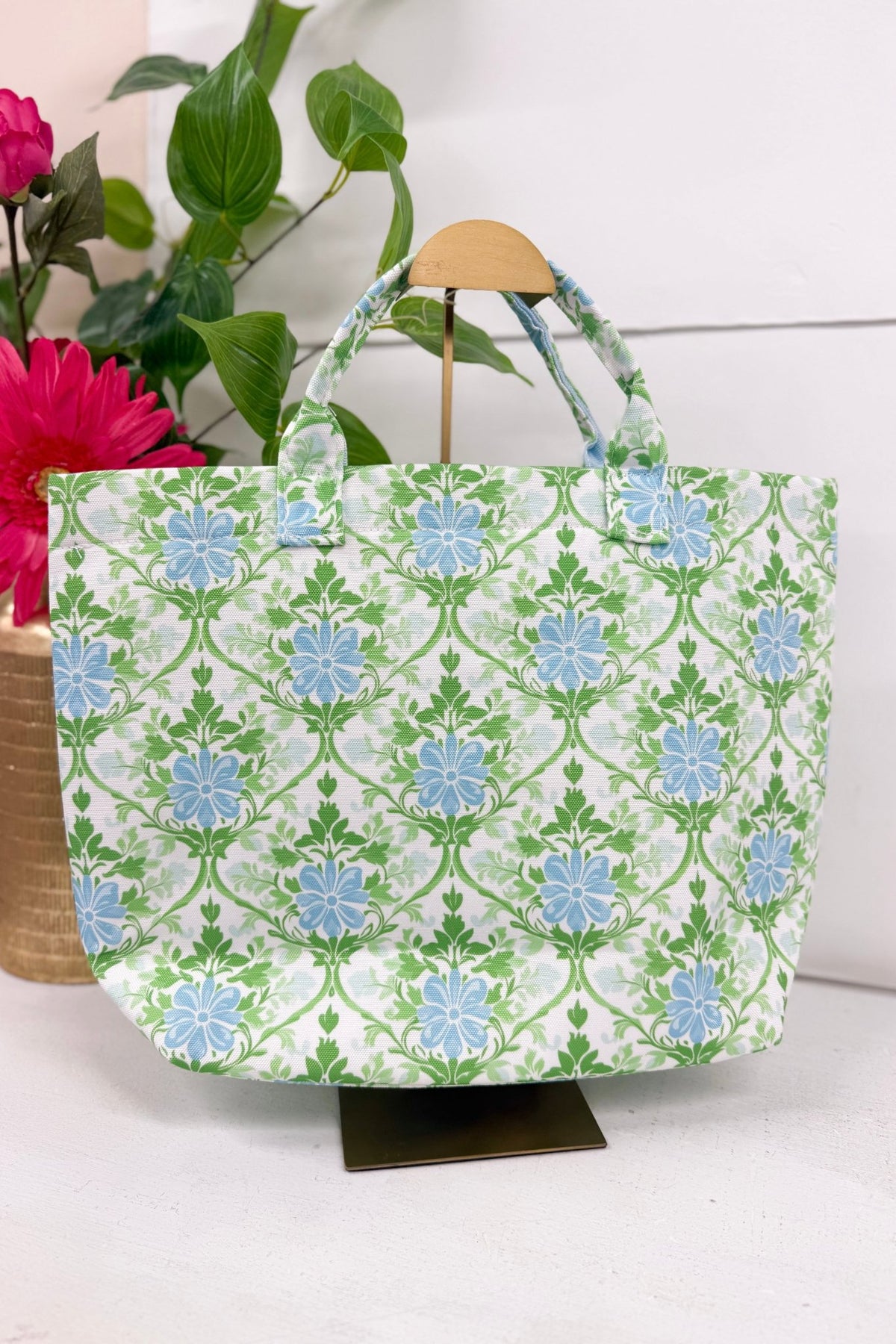 Heirloom floral canvas tote with carry handles