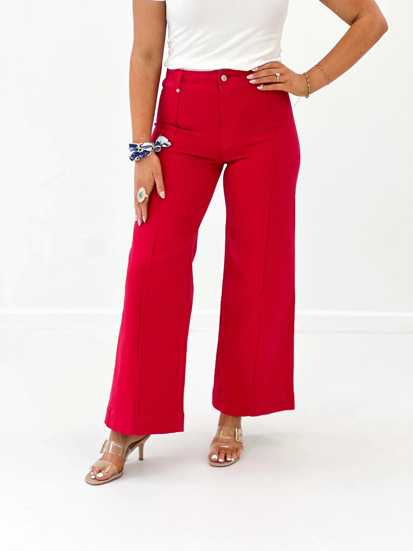 Wide leg high rise denim with a fitted waistband
