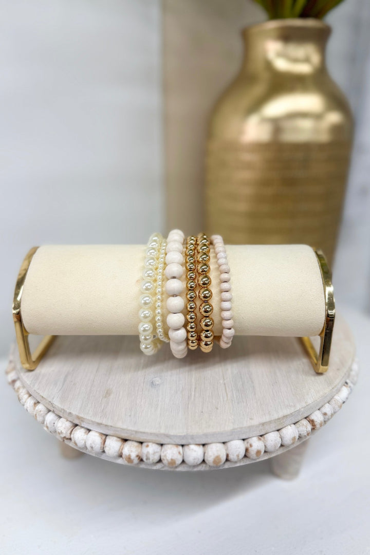 Six-row bracelet of ivory wood beads and pearls