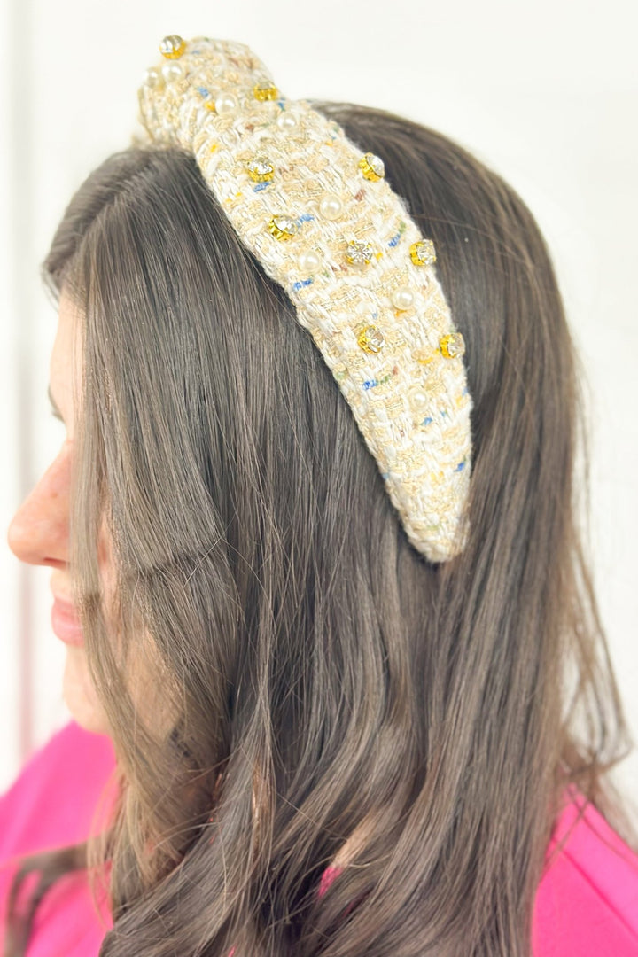 Ivory Pearl & Studded Tweed Headband - Lavish Boutique Accessories