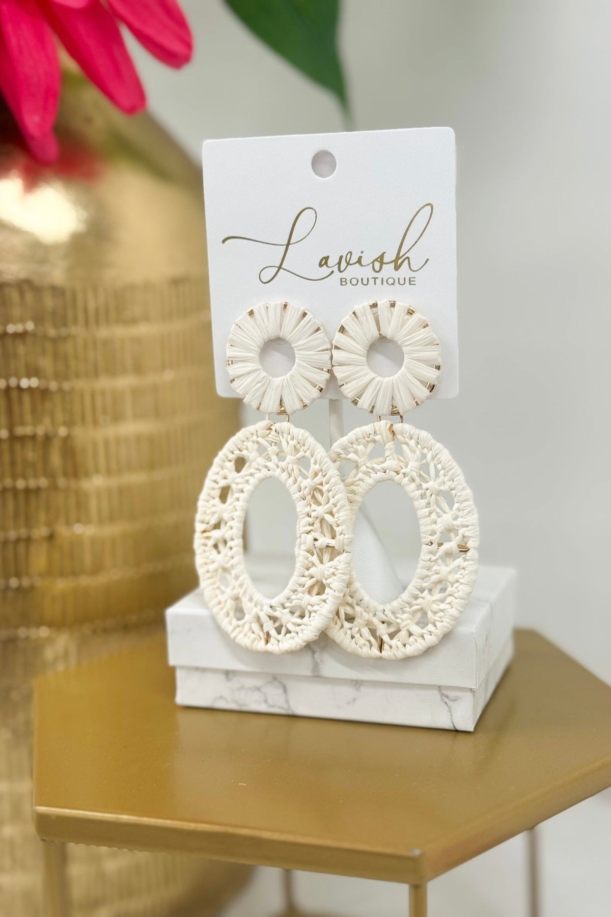 Ivory raffia oval drop earrings