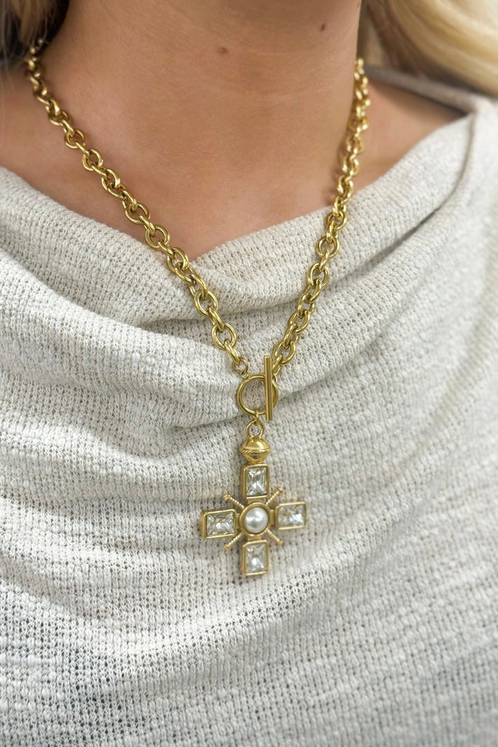 Pave stone cross pendant necklace in gold