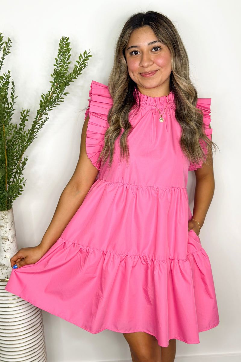 Pink Ruffle Sleeve Short Tiered Dress