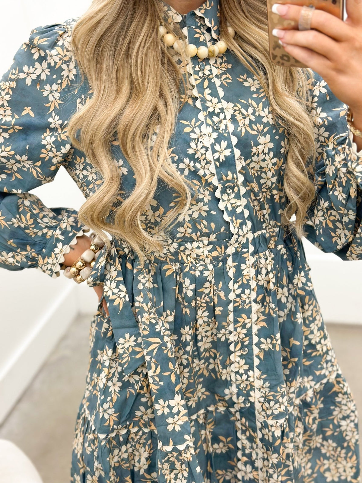 Cotton floral dress in dusty teal with a scallop-trimmed collar
