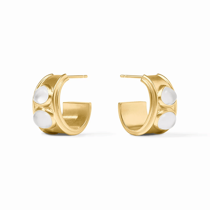 Gold hoop earrings set with iridescent clear crystals