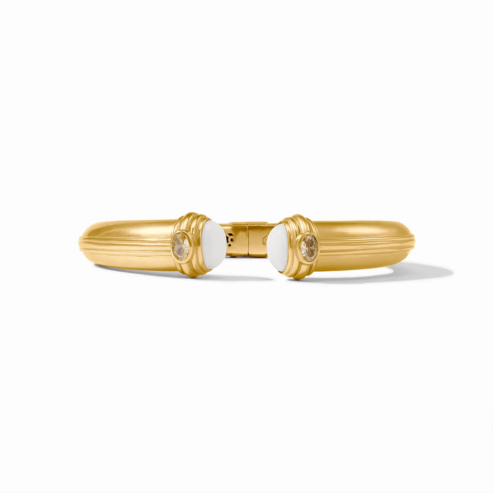 Gold cuff bracelet set with white jade