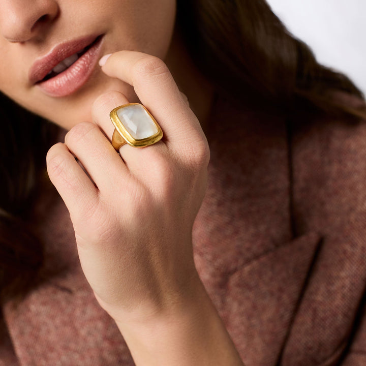 Iridescent clear crystal ring in a gold-tone setting