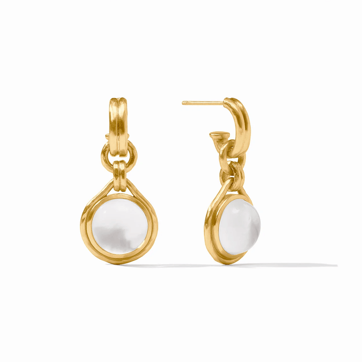 Gold hoop earrings with an iridescent crystal charm