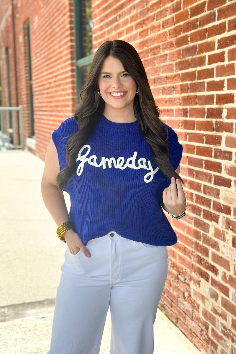Royal Blue Game Day Embroidered Sleeveless Sweater