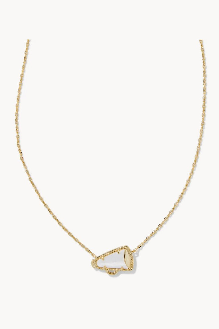 Gold necklace with a white mother of pearl cheer pendant