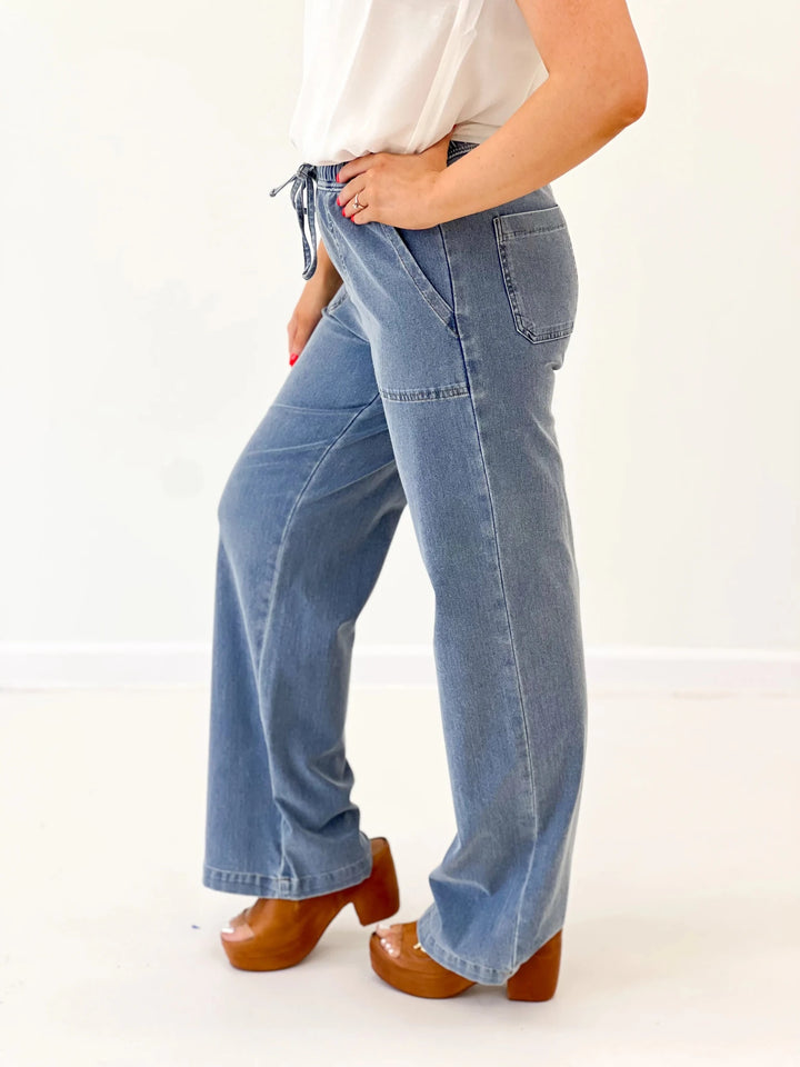 Knit Denim Wide Leg Pants - Lavish BoutiqueBottoms