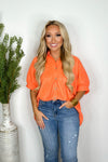 Orange Pleated Button Up Short Sleeve Top
