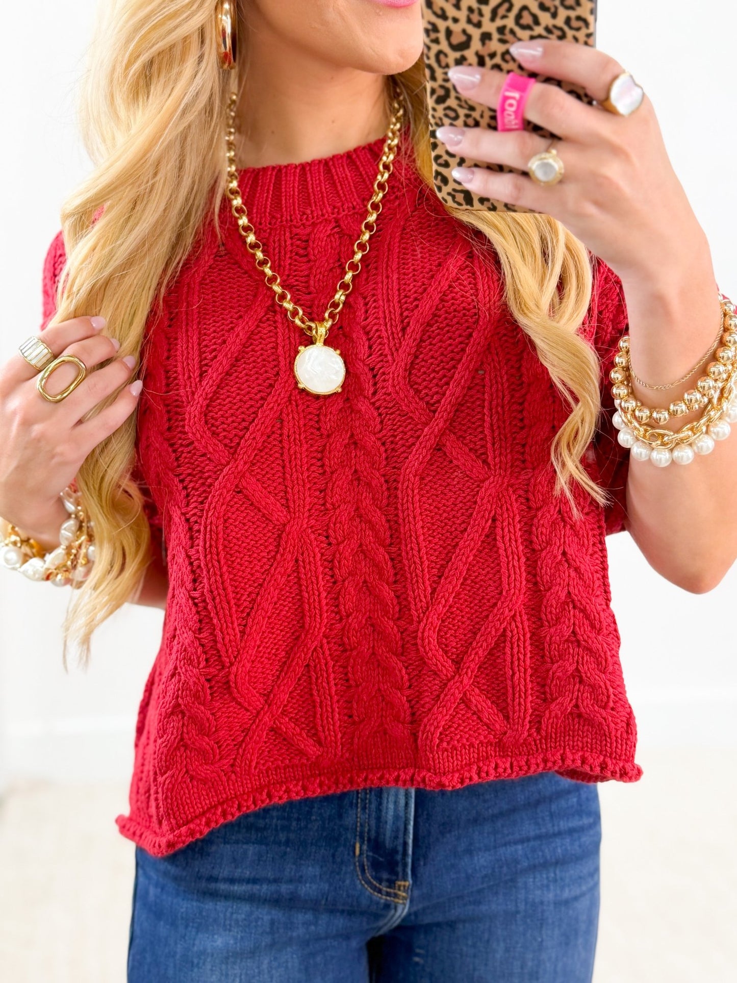 Dark red sweater tee with a soft knit texture