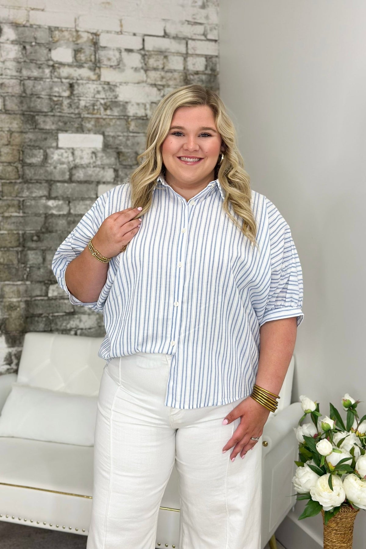 Light Blue Striped Bubble Sleeve Dolman Top - Lavish Boutique Tops