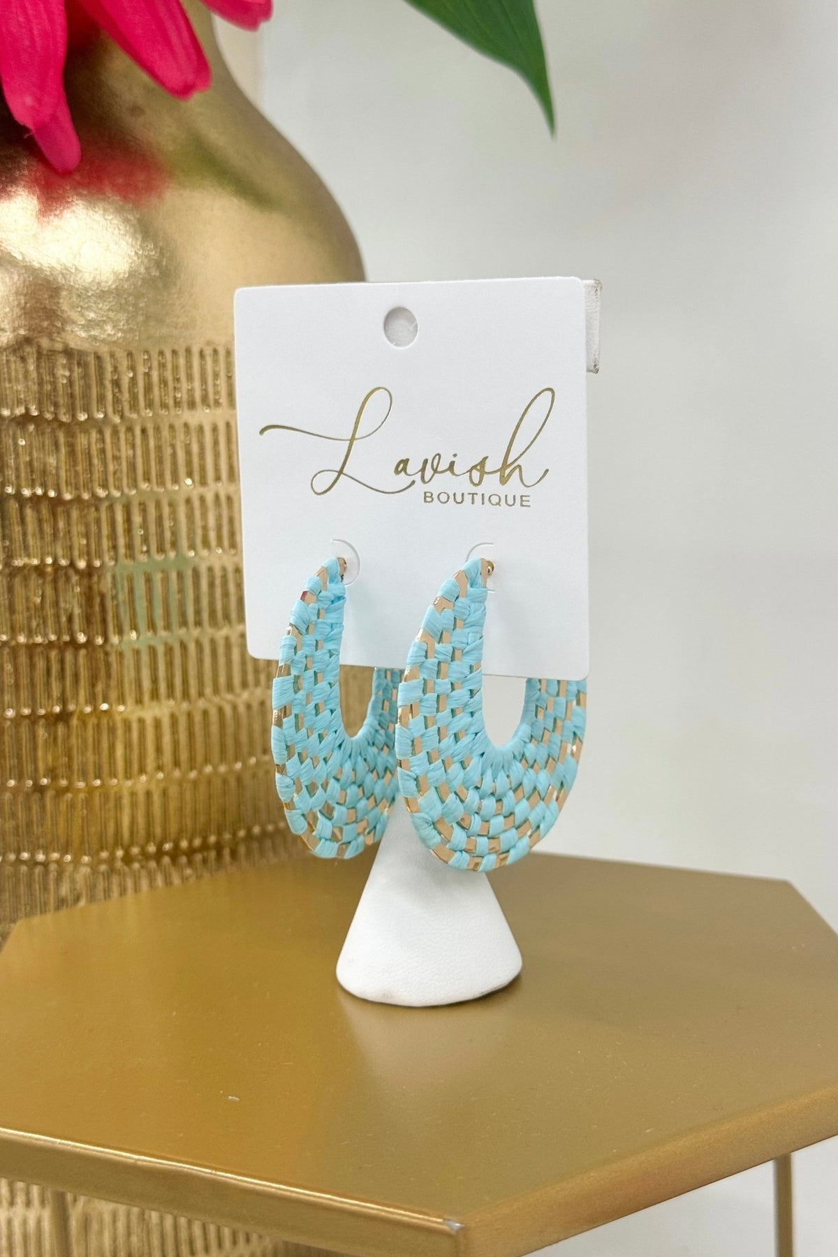 Light blue woven raffia open hoop earrings