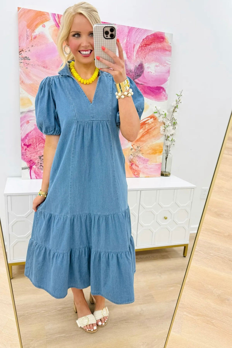 Light Denim Collared Tiered Midi Dress