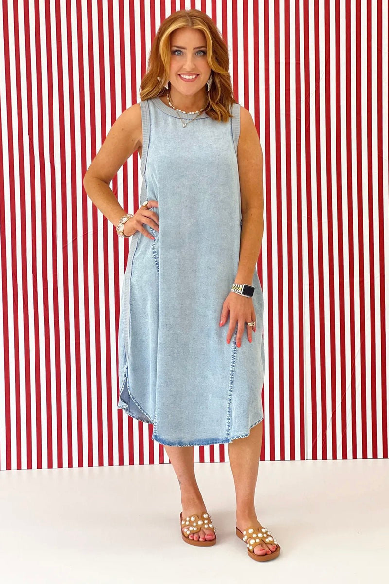 Round Neck Sleeveless Midi Dress | Women's Tencel Denim Dress
