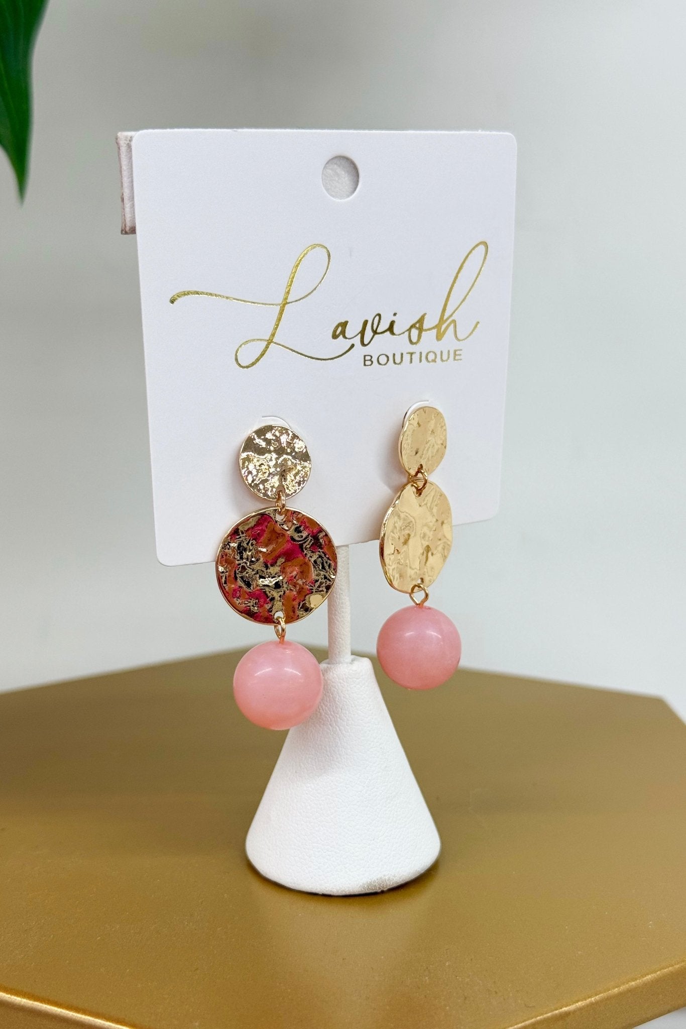 Pink round and ball earrings with a hammered texture