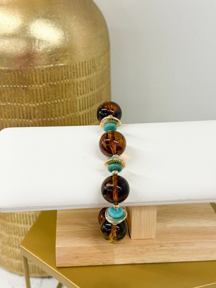 Tortoise and turquoise marble ball bracelet with geometric disks