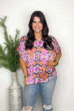 Orchid Mix Printed Satin Short Sleeve Top
