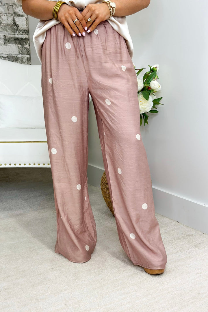 Mocha Polka Dot Wide Leg Pants - Lavish BoutiqueBottoms