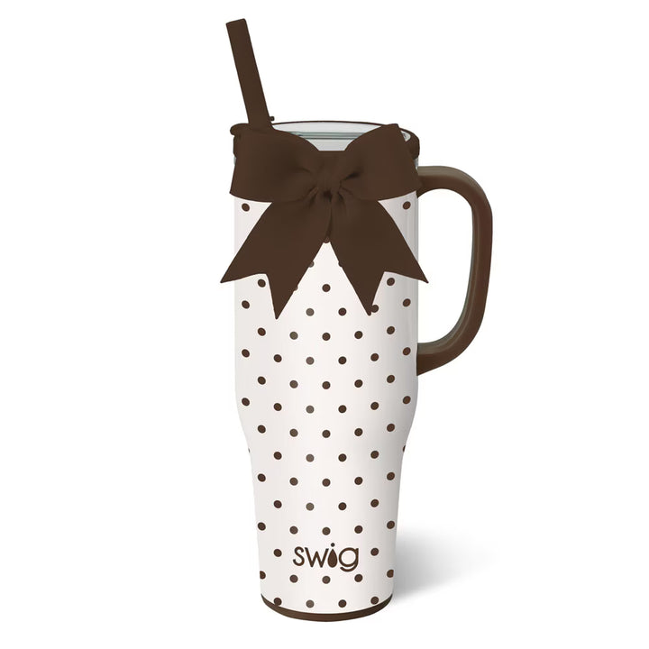 40oz insulated tumbler with mocha polka dots, brown bow and carry handle