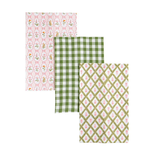 Pink greenhouse patterned towels sold as a set