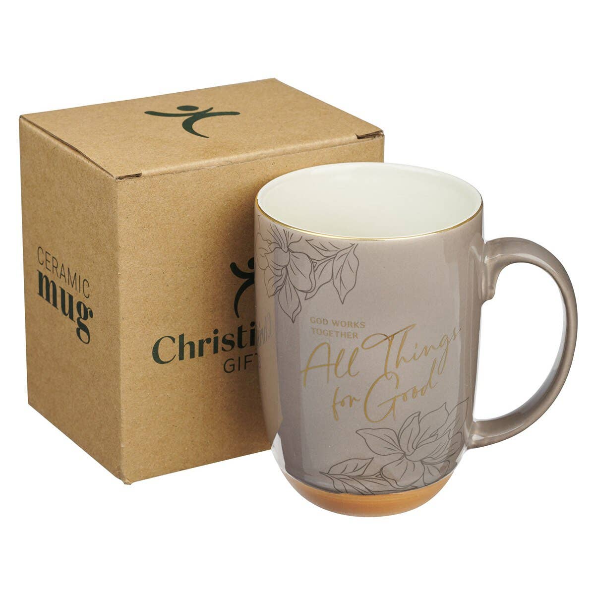 Taupe scripture mug printed with Romans 8:28