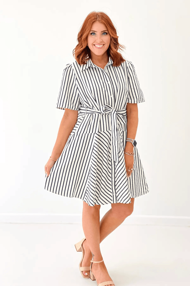 affordable mini dresses Navy Striped Dress | Boutique Dress for Women 颜色:Glossy Black Collective_Kiss Schools of fish brighten Modal Open-Back Long-Sleeve Mini