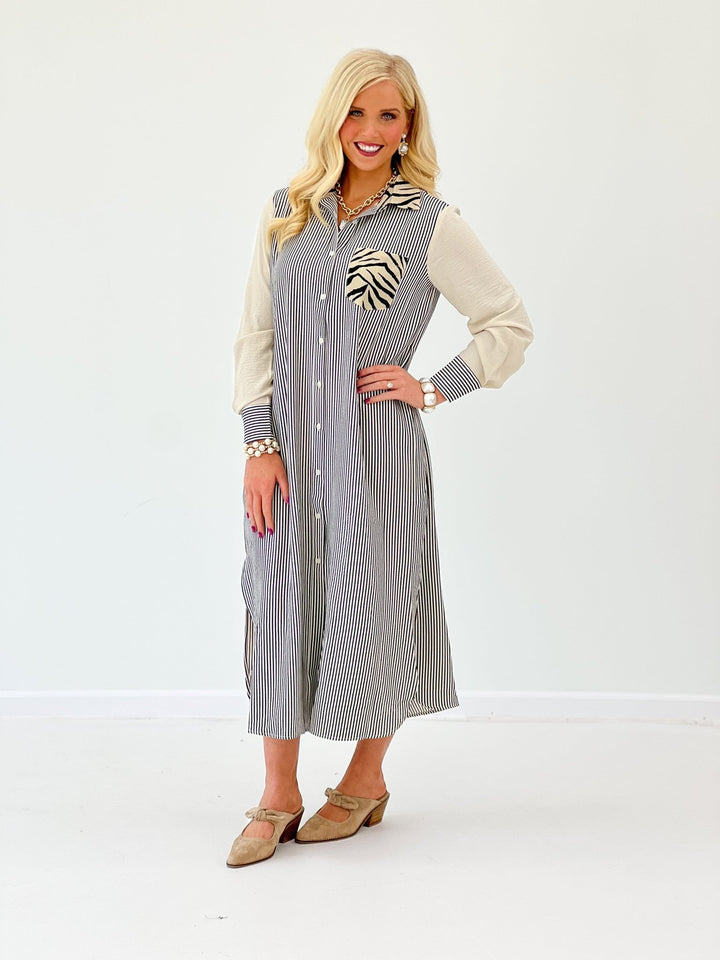 Black zebra stripe shirt dress with a collar