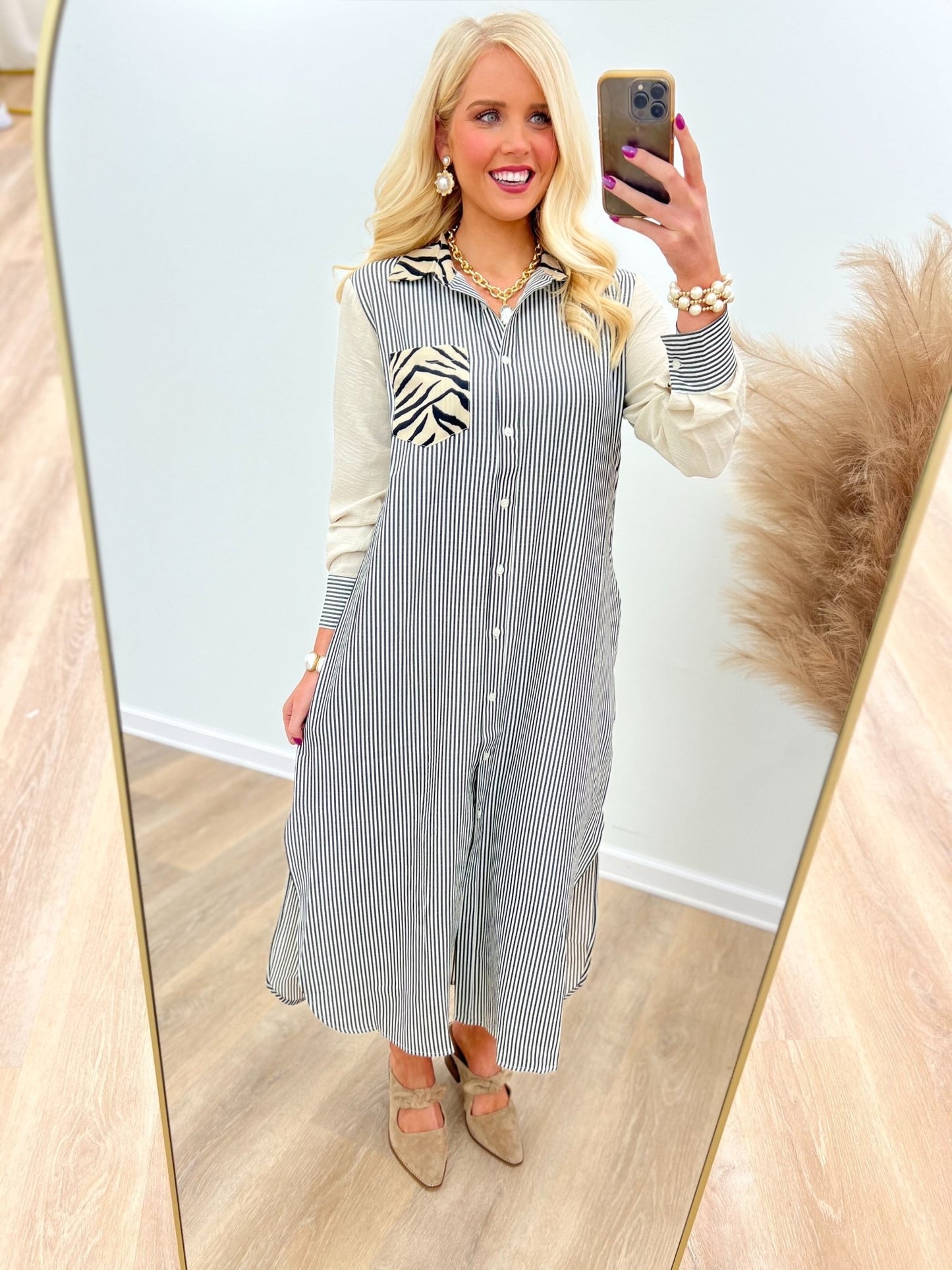 Striped zebra shirt dress with a button front