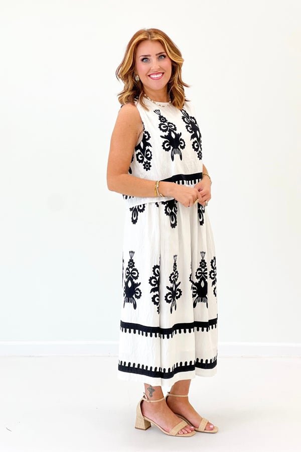 affordable midi dresses Off White Two Tone Print Sleeveless Dress | Boutique Dress for Women Color:Linen Gauze sage lifestyle_m Lightweight and airy fabric Hooker Furniture - Ciao
