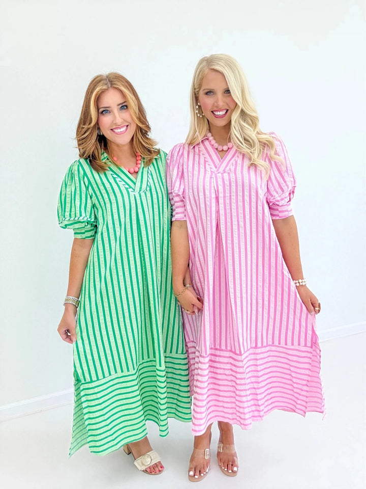 Striped midi dress with an open collar neckline
