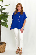Royal Blue Textured Back Button Detail Top
