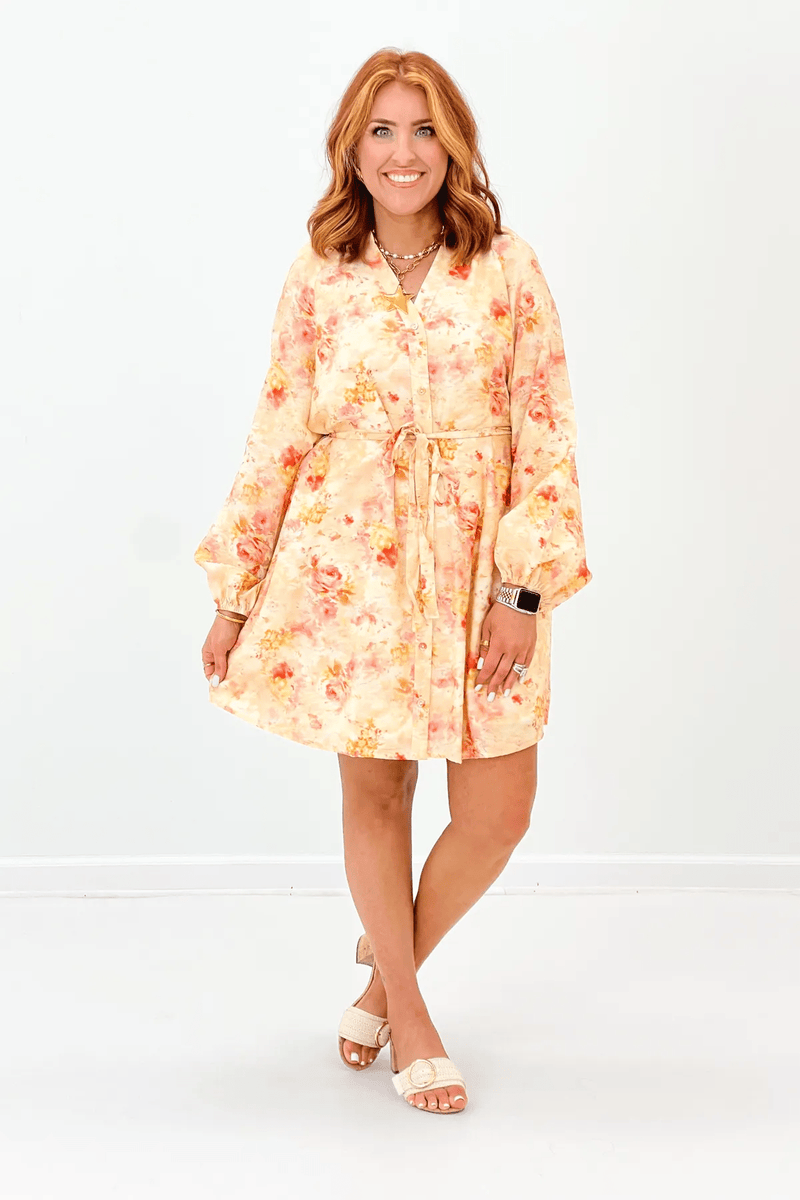 Peach Multi Long Sleeve Button Up Mini Dress