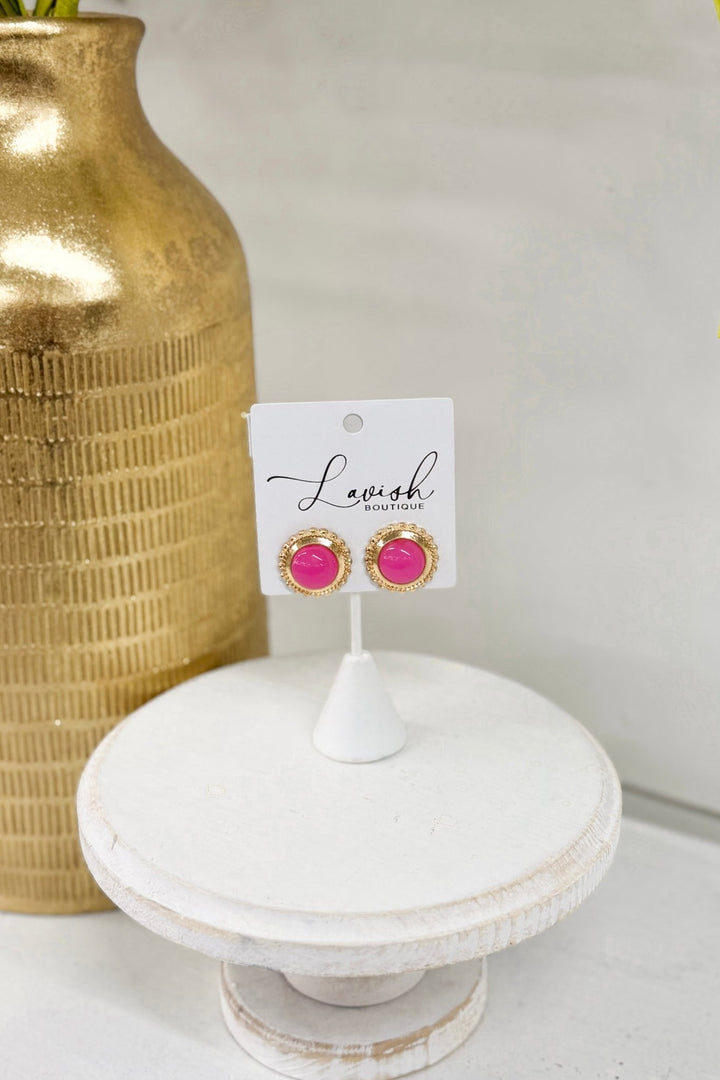 Pink dome stone earrings in gold settings