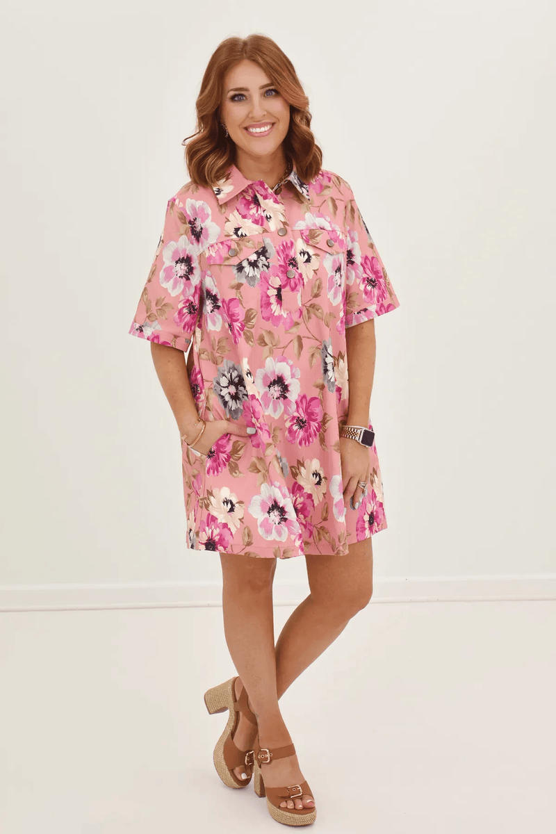 Pink Floral Collared Shirt Dress