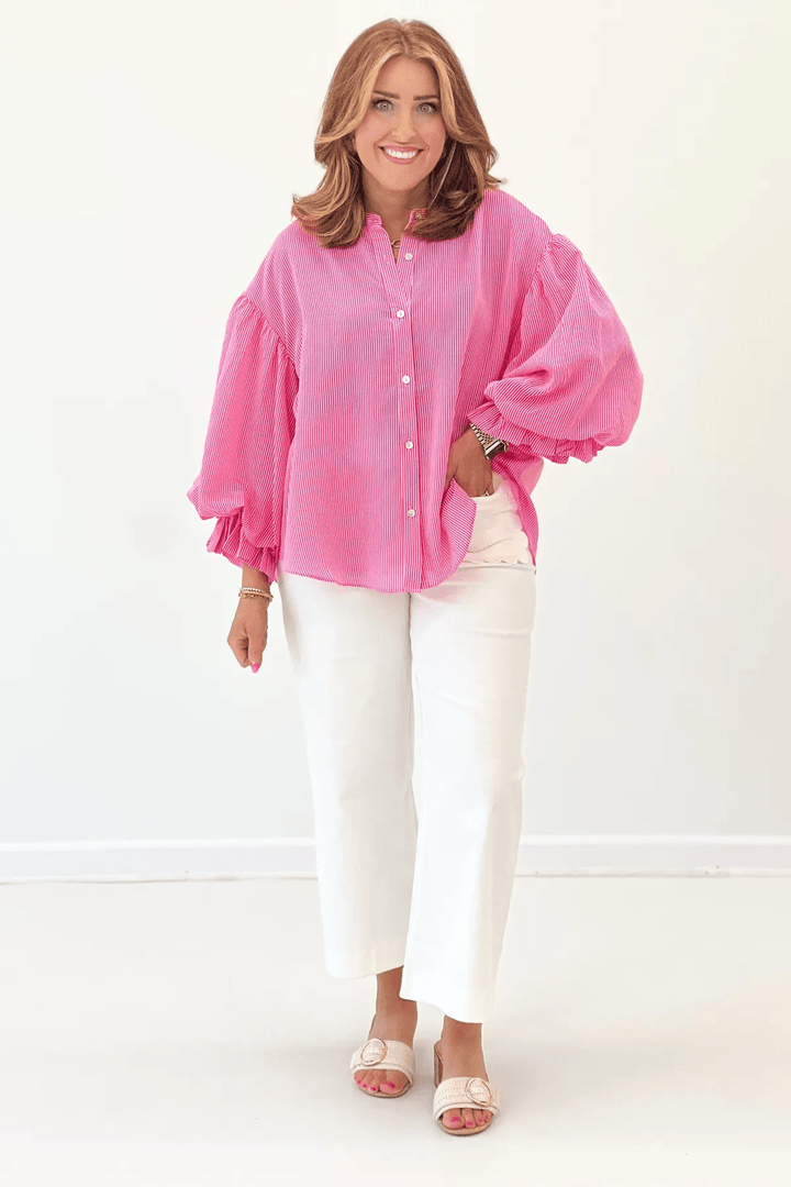 Pink Pinstripe Bubble Sleeve Top - Lavish Boutique Tops