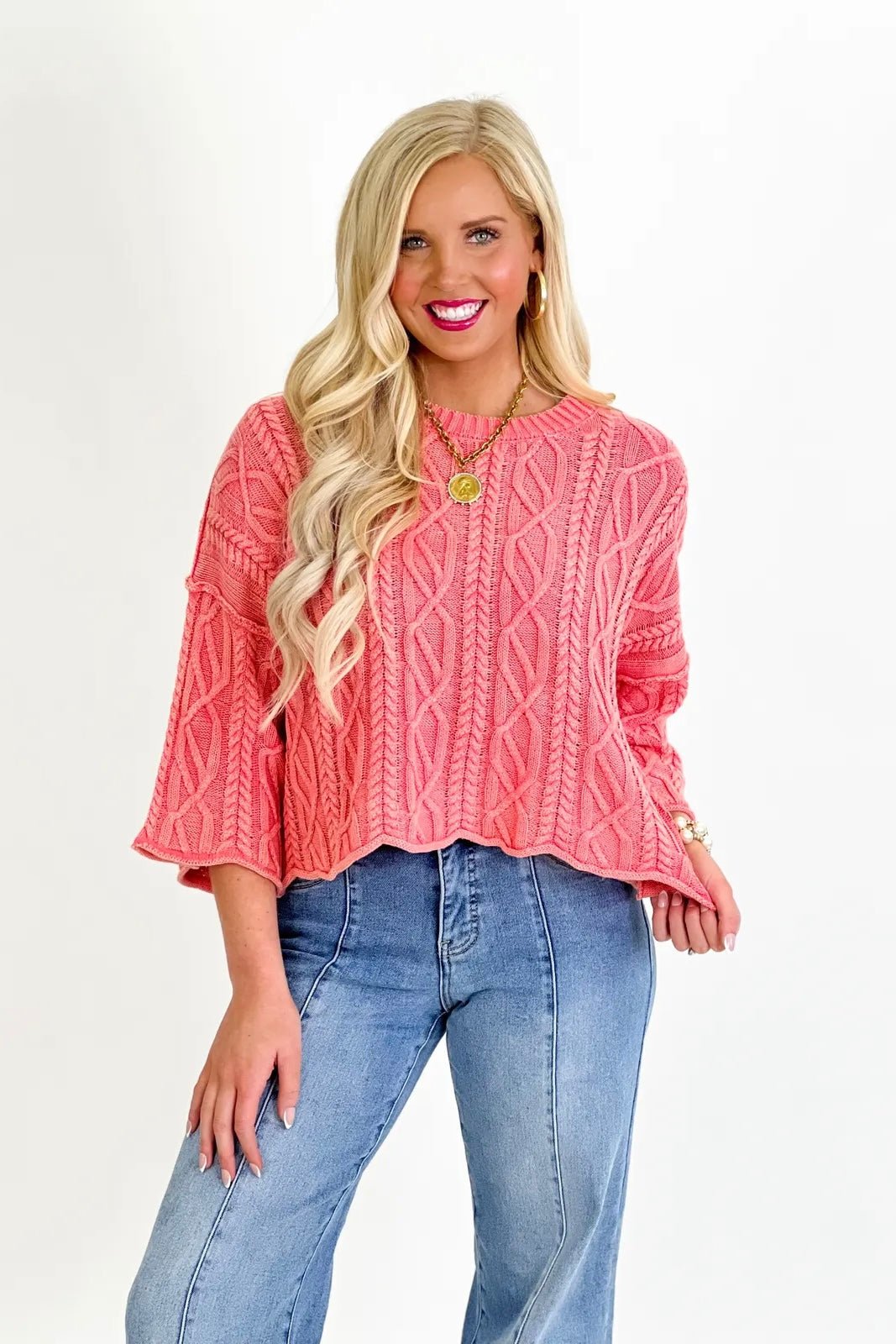 Pink Scallop Hem Knitted Top - Lavish Boutique01-TOPS
